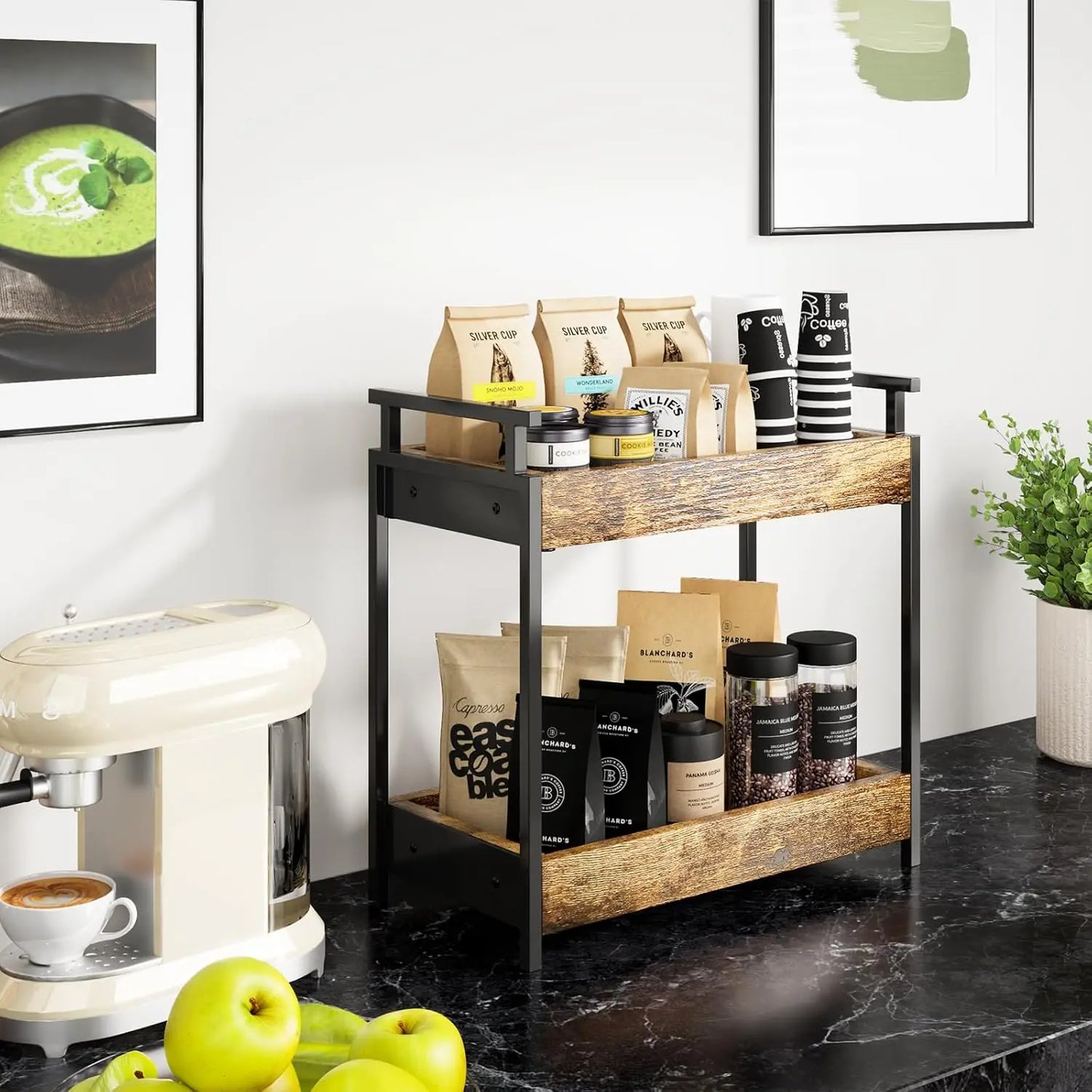 Countertop Coffee Station Organizer, 2 Tier Wooden Shelf for Coffee Bar Accessories, Condiment Storage Caddy for Kitchen