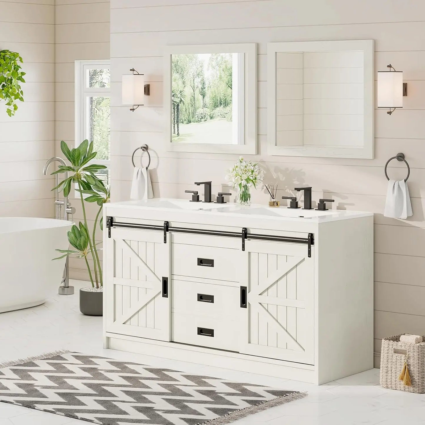 Double Vanity Sinks w/Sliding Barn Doors/Storage Cabinet