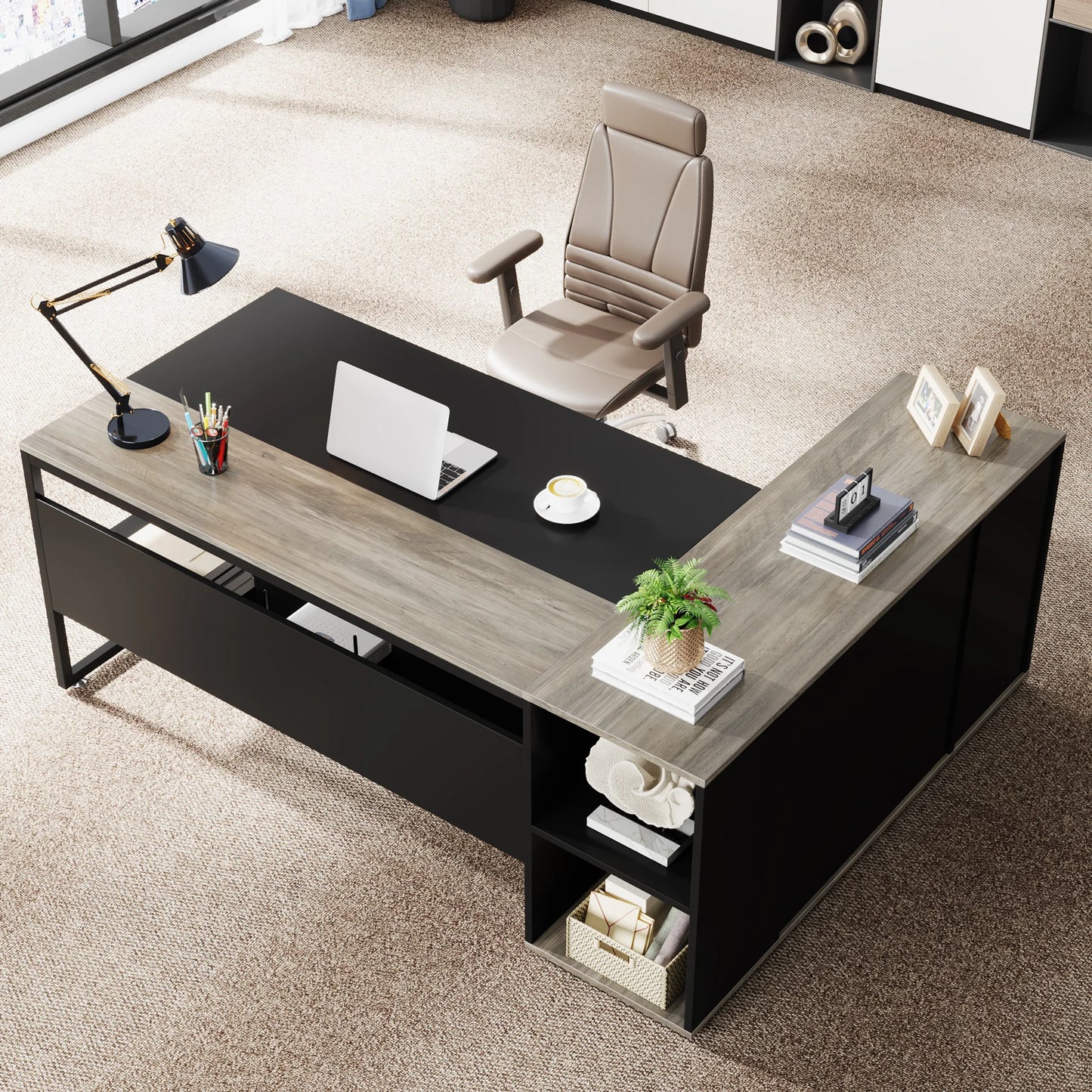 L-Shaped Executive Office Desk with Cabinet Storage