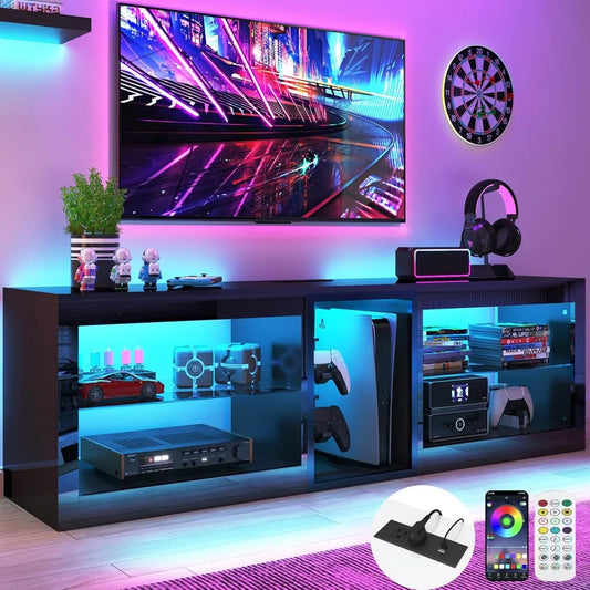 Modern Black LED Entertainment Center w/Power Outlet