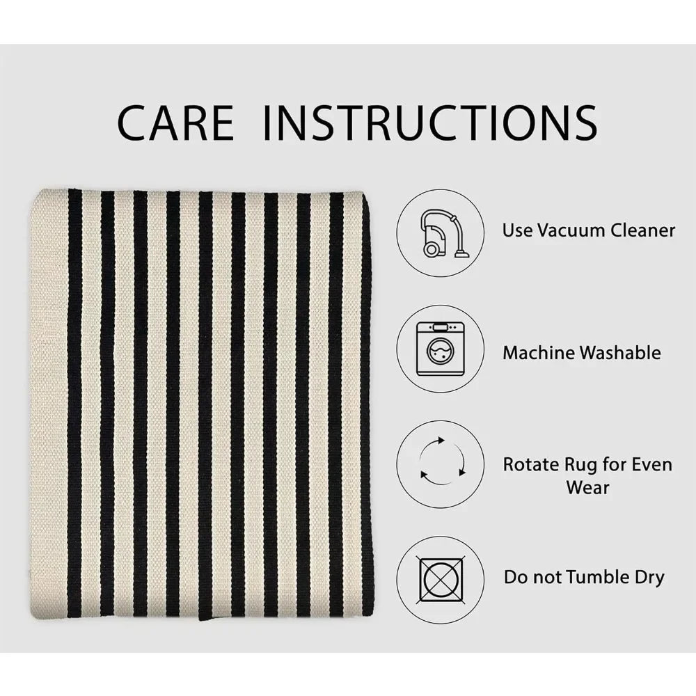 Black Beige Striped Washable Indoor/Outdoor Rug