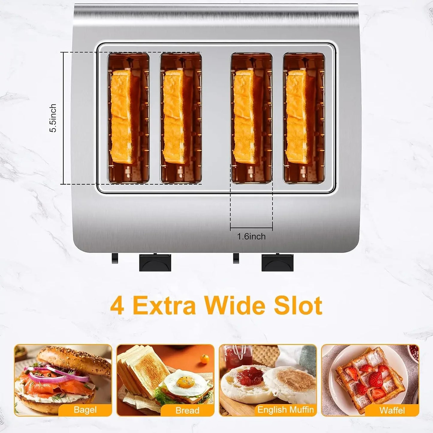 Toaster 4 Slice, Stainless Steel Toasters with Bagel, Cancel and Defrost Function, Dual Control, 1.6 inch Extra-wide Slot