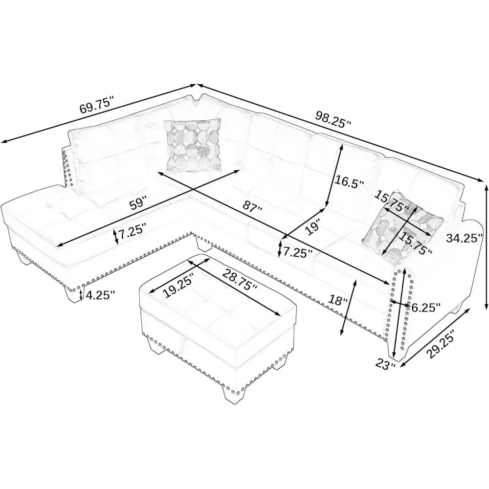 3-Piece Sectional Couch Set for Home Furniture Room Decor