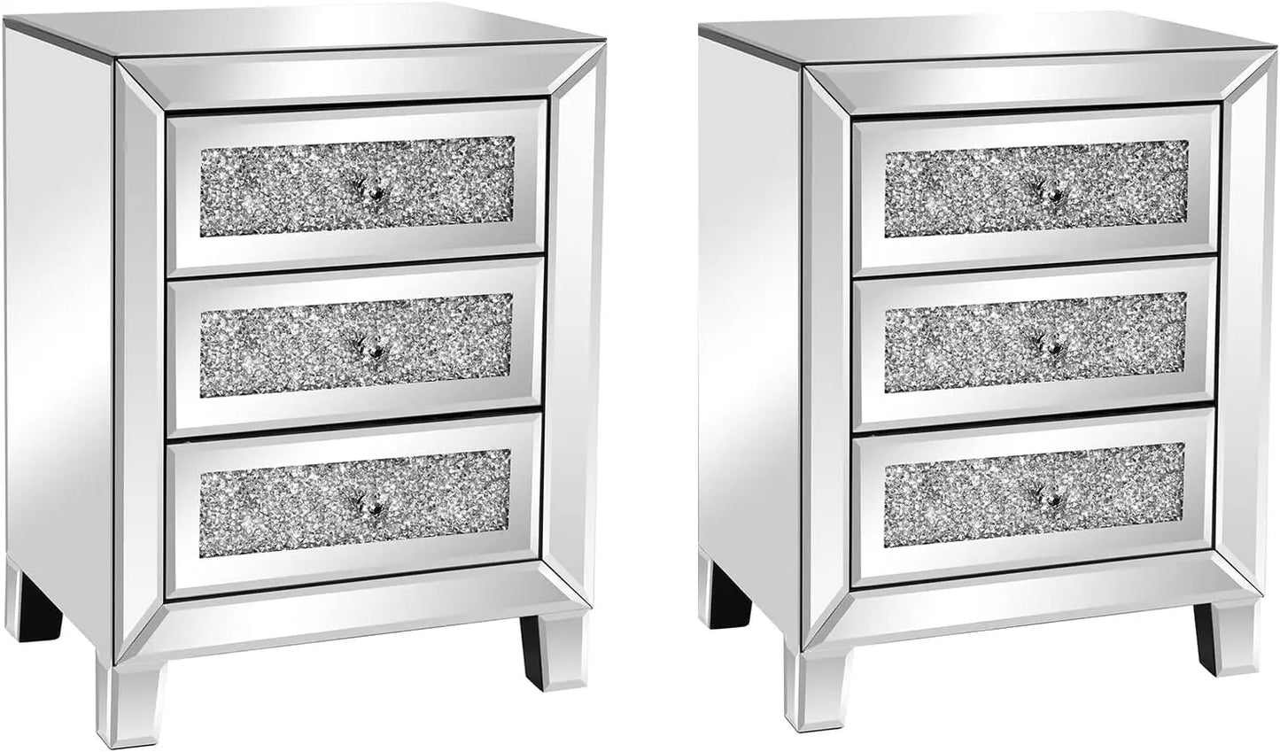 Crushed Glass Mirrored Nightstands/End Table for Living Room