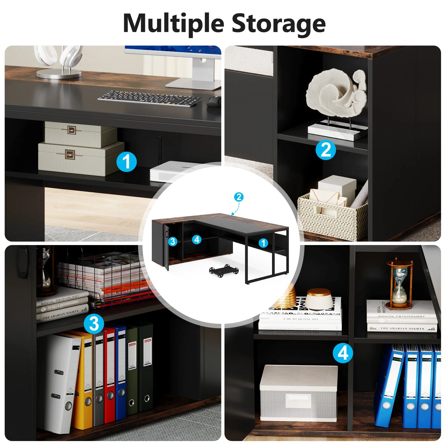 L-Shaped Executive Office Desk with Cabinet Storage