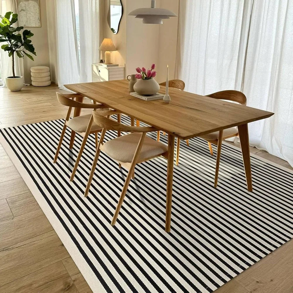 Black Beige Striped Washable Indoor/Outdoor Rug