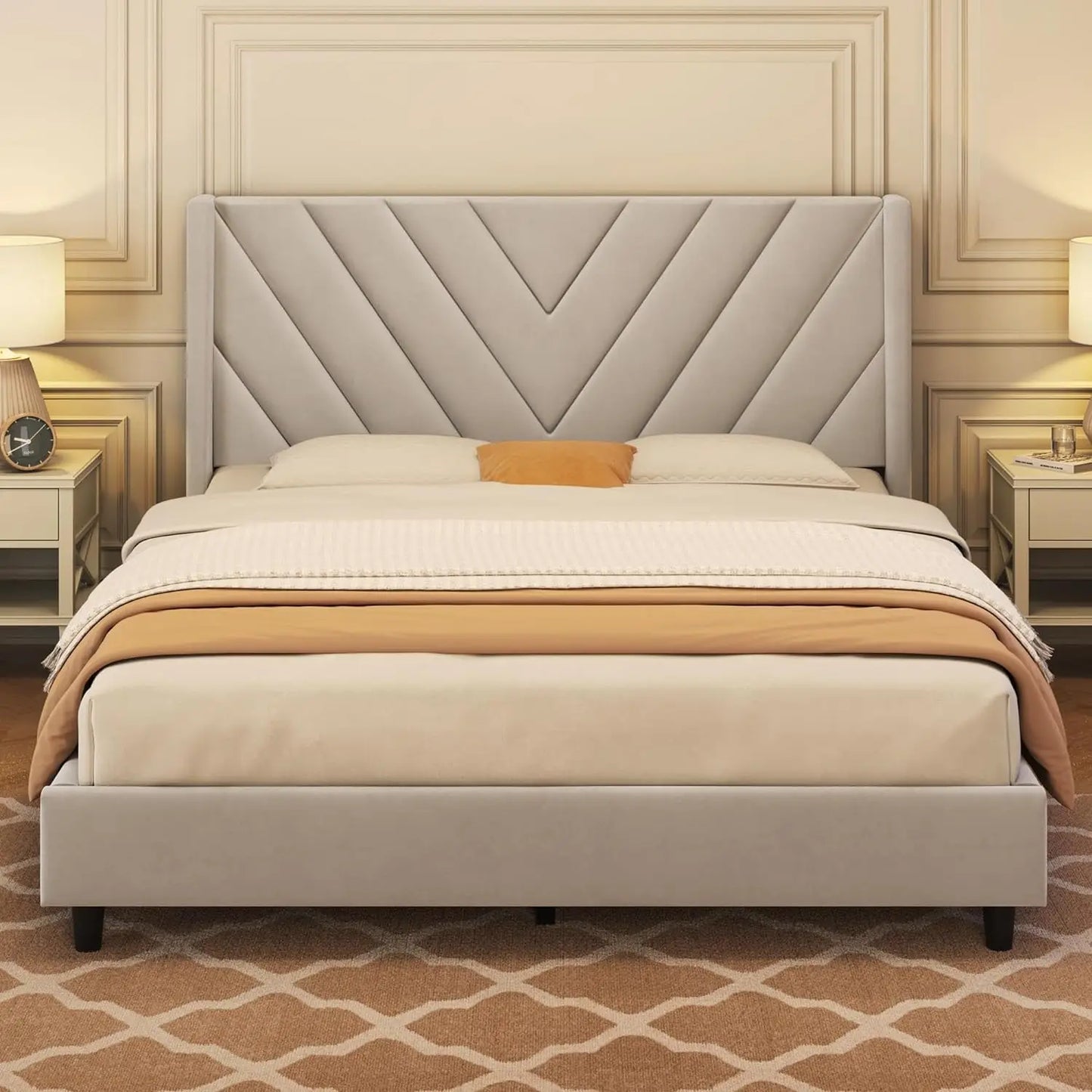 Upholstered Tufted Headboard w/ Wing Side/Mattress Foundation