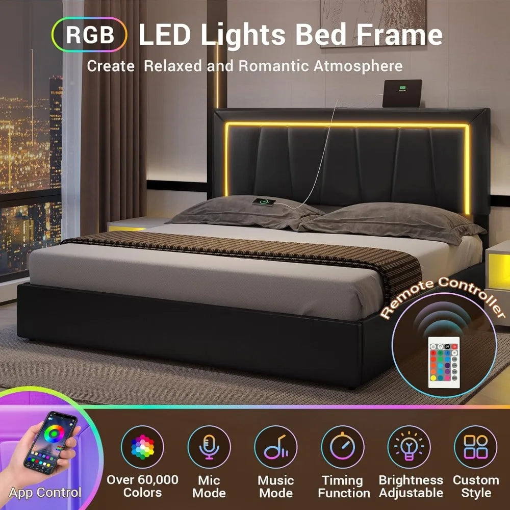 King Bed Frame w/Storage/LED Lights/USB Ports