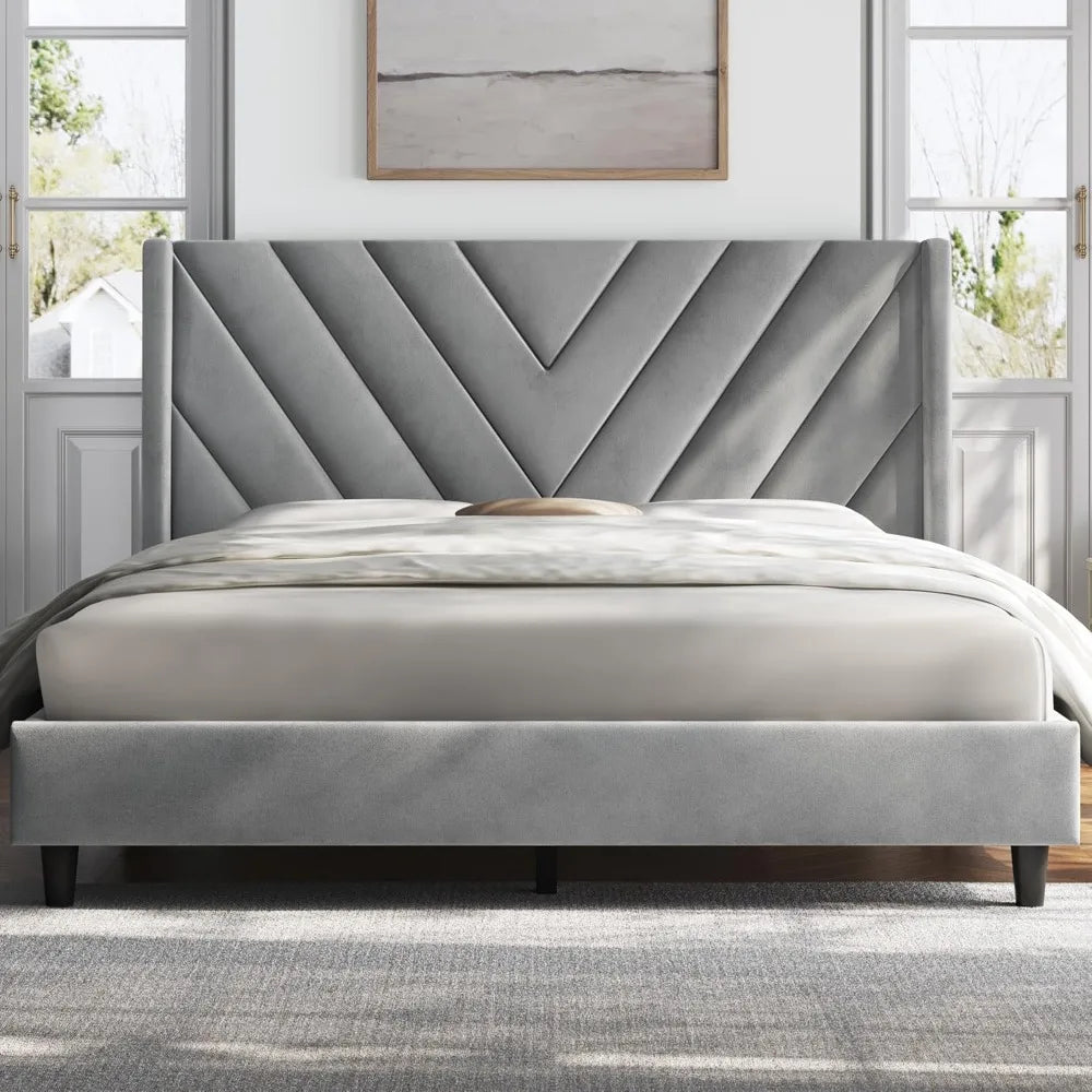 Upholstered Tufted Headboard w/ Wing Side/Mattress Foundation