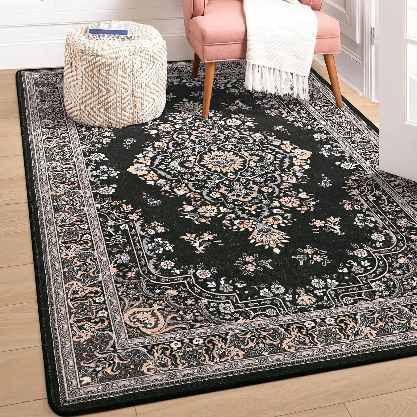 Non Slip Vintage/Faux Wool Floral Rugs