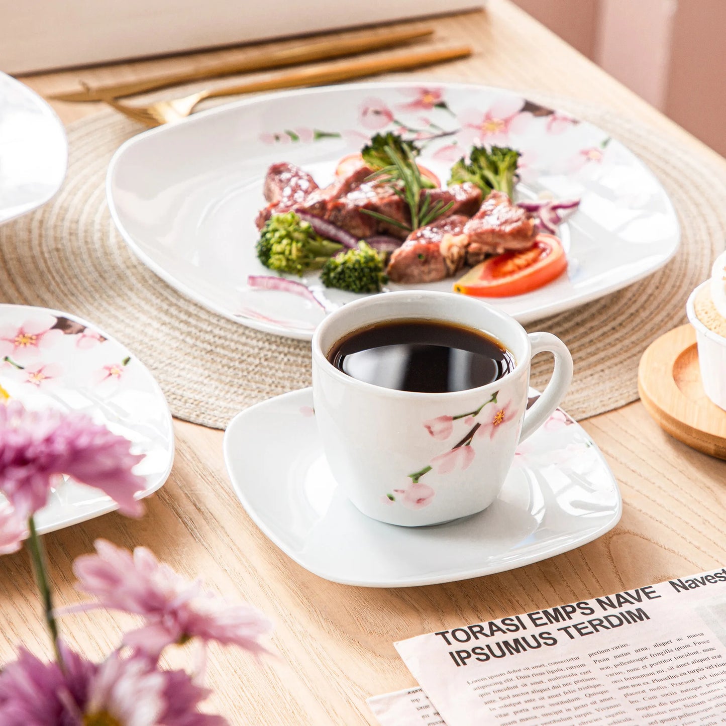 White Ceramic Pink Floral Porcelain Plate Set
