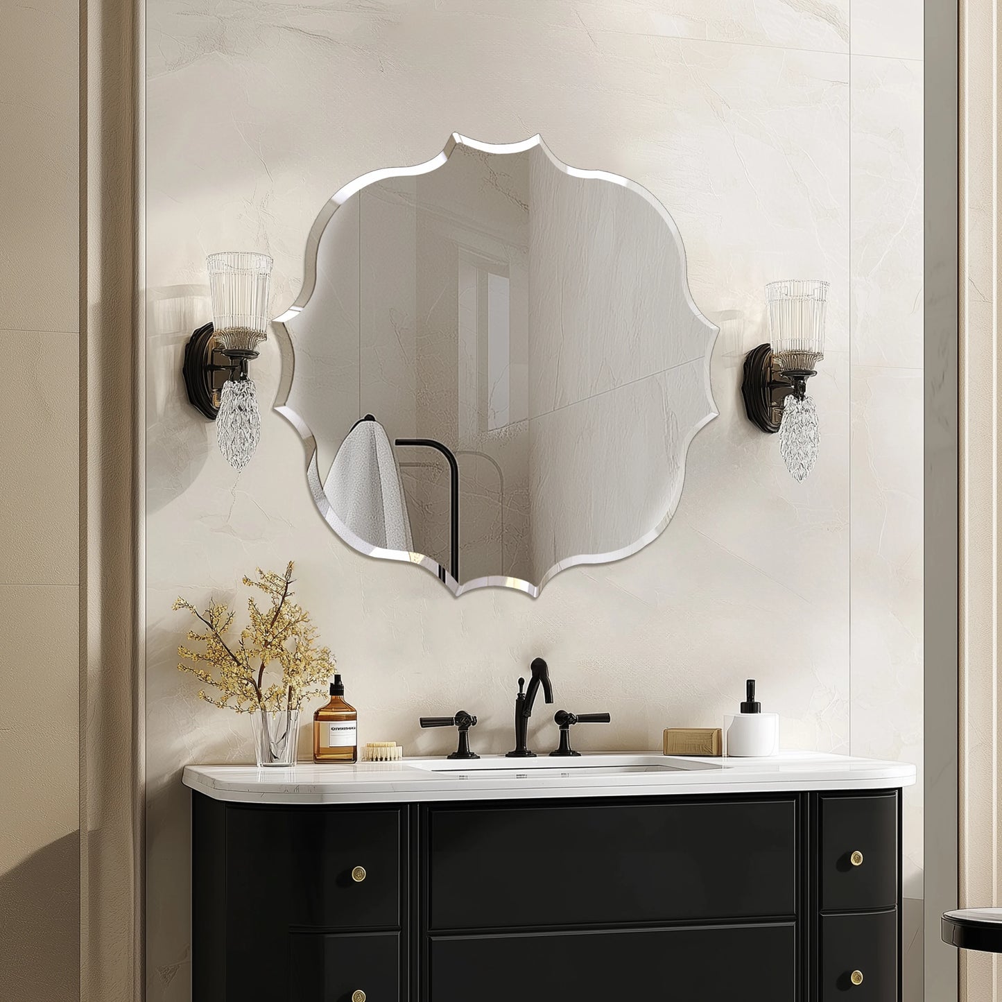 Scalloped Edge Beveled Frameless Bathroom Wall Mirror