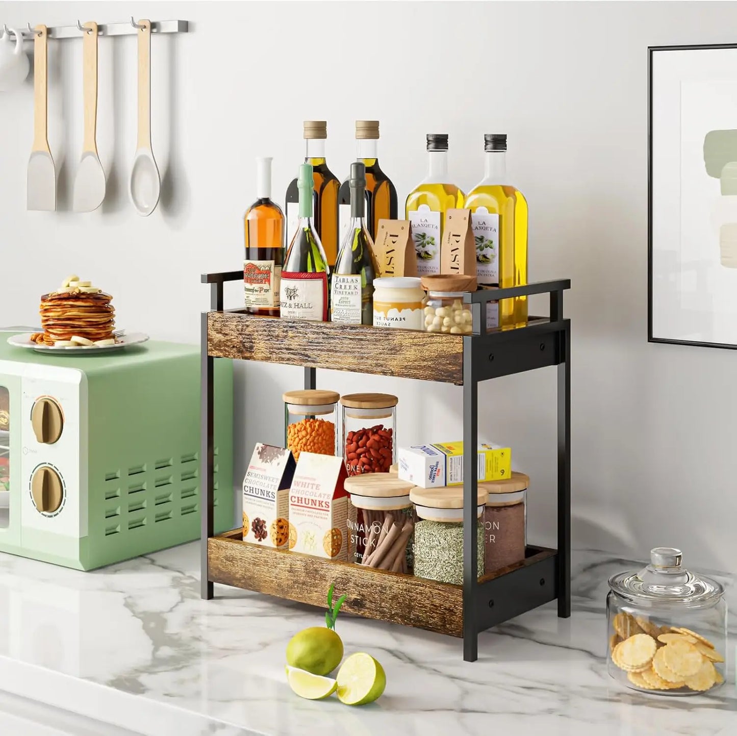 Countertop Coffee Station Organizer, 2 Tier Wooden Shelf for Coffee Bar Accessories, Condiment Storage Caddy for Kitchen