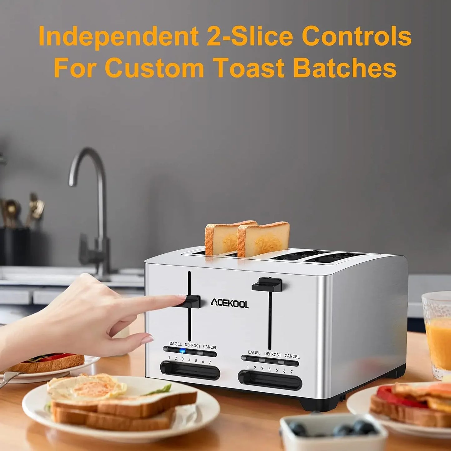 Toaster 4 Slice, Stainless Steel Toasters with Bagel, Cancel and Defrost Function, Dual Control, 1.6 inch Extra-wide Slot