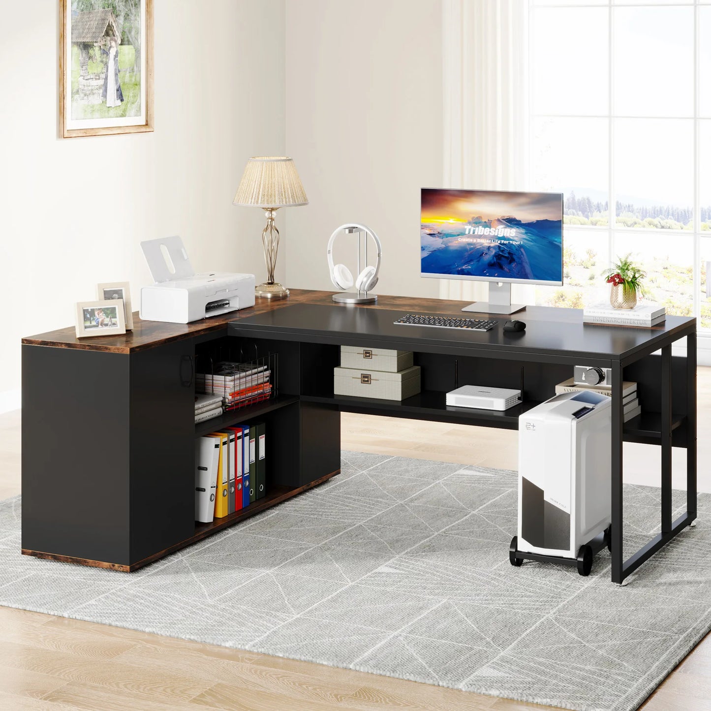 L-Shaped Executive Office Desk with Cabinet Storage