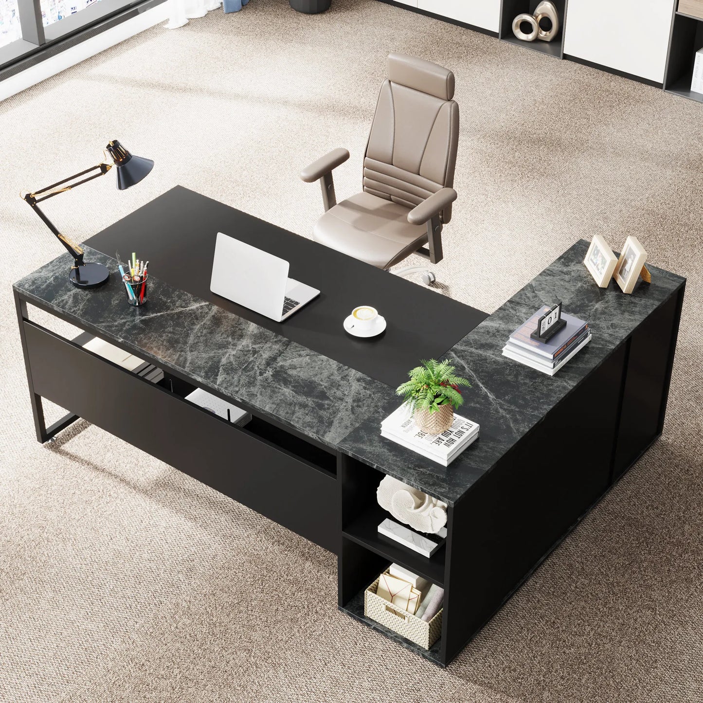 L-Shaped Executive Office Desk with Cabinet Storage
