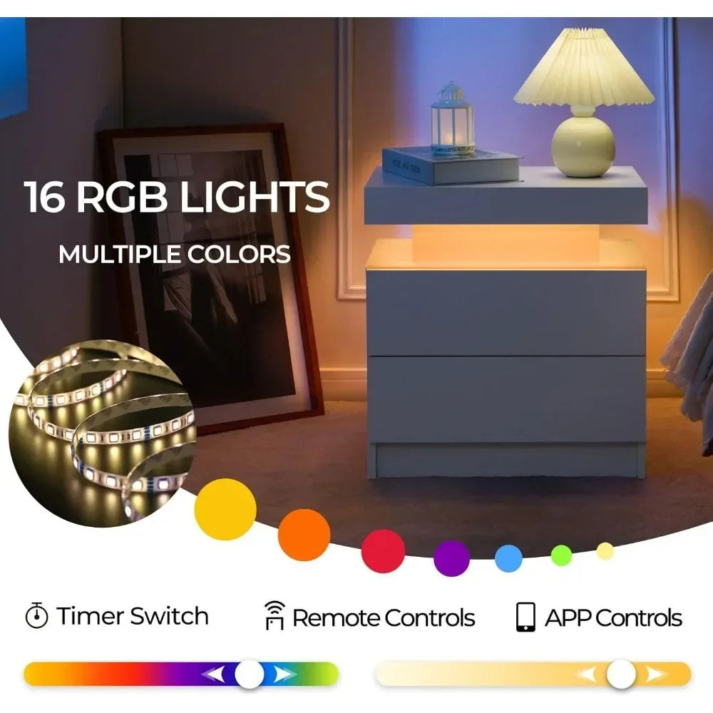 Nightstand Set of 2 LED and 2 Drawers